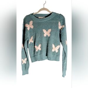 NWOT Sugar Moon Teal Butterfly Open Knit Cropped Sweater M